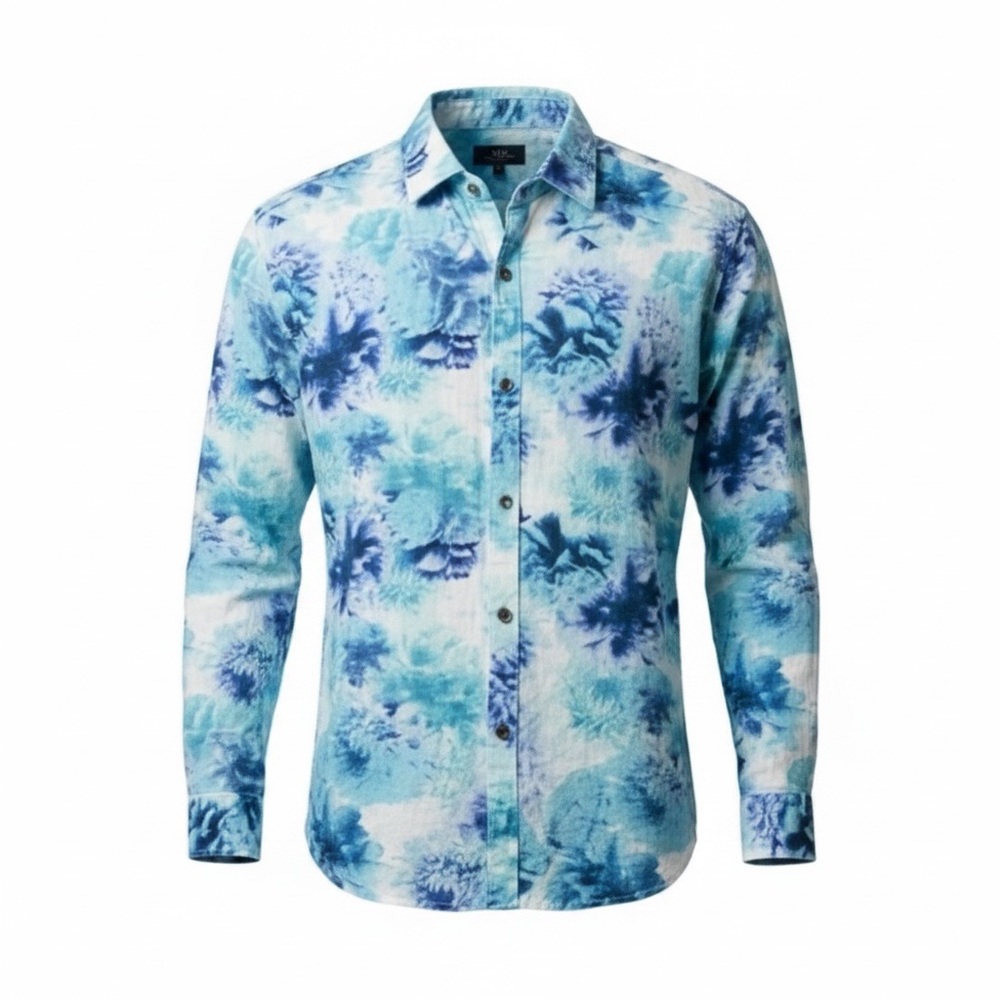 INC Men Blue Floral Linen-Blend Shirt - Casual Button-Up Size L